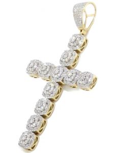 10k Gold Diamond Cross Mens 2.5 Inch Tall 1.35CTW Diamonds Round Cluster 