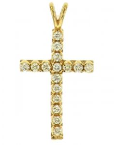 10K Gold Diamond Studded Cross Charm 0.98ctw Round Solitaires 1.5 Inch Tall 