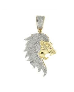 10K Gold Lion Head Diamond Pendant 0.67ctw Round Diamonds Mens Leo Charm 50mm