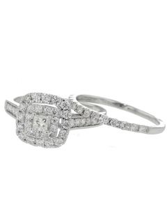 14K White Gold Bridal Set Double Halo Style Princess Cut Solitaire Center Womens Wedding Set
