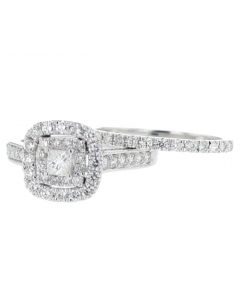 14K White Gold Bridal Set Princess Cut Solitaire Center Double Halo Style Engagement Ring and Band Set
