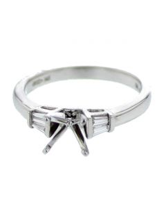 14K White Gold Semi Mount Diamond Engagement Ring Setting Baguette Sides Fits Princess Cut or Round solitaire 