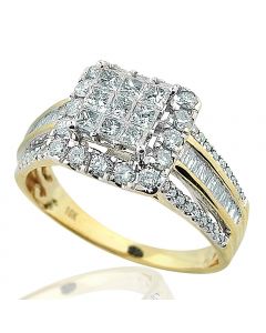 1cttw Princess Cut Diamond Wedding Ring 10K Yellow Gold Large 10mm Square Halo Wide Band(i2/i3, i/j)