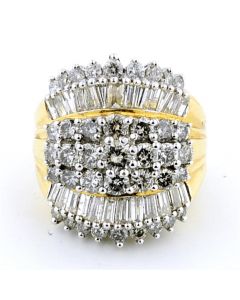 2.25ct Diamond Cocktail Cluster Ring 14K Yellow Gold Extra Large Round Baguette Diamonds 24mm Wide