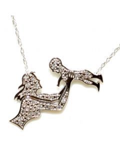 10K White Gold Mother Child Pendant 0.07ct Diamond Necklace Included