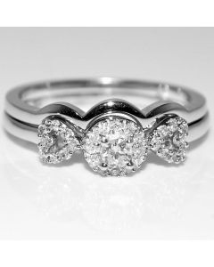 Bridal Wedding Set 0.25ctw 10K White Gold 2pc Engagement ring + Band heart sides 