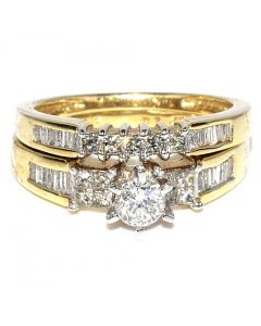 1ct Wedding Set Princess Cut and Round Diamond 14K Yellow Gold 7.5mm wide