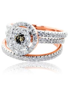 1ct Cognac and White Diamond Bridal Set 10K Rose Gold Engagement Ring and 2 Matching Bands 3pc set