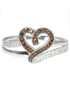 White Gold Heart Ring with Cognac and White Diamonds 0.14ct 10K 10.5mm