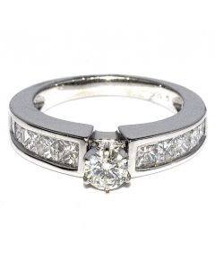 18K White Gold Bridal Engagement Ring 1.4ct w Diamonds Round & Princess Cut