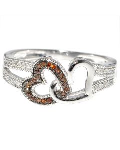 Heart Ring twin hearts Cognac and White Diamonds, 10K White Gold 0.15ct