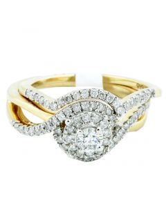 Bridal Set 10K Yellow Gold 0.63ct Diamonds Halo Engagement Ring And Band Set Swirl