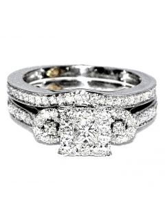 14K White Gold Princess Cut Bridal Rings Set 1ct approx (0.98ct) Certified Diamonds Three Stone Style