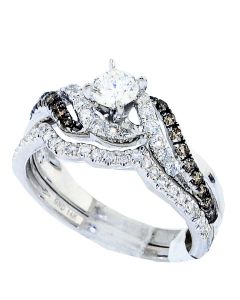 Cognac And White Diamond Bridal Set 14K White Gold 0.87ct 0.33ct Solitaire Center