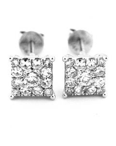 0.85ct Diamond Stud Earrings 14K White gold Princess Cut Style With Round Diamonds Screw Back