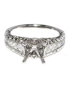 Diamond Semi Mount Ring for 1ct Princess Cut 0.5ctw Diamonds 14K White Gold Ornate New