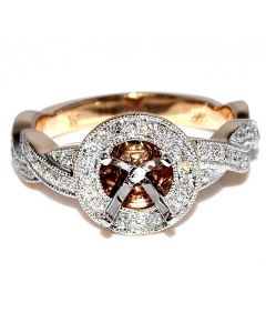 Semi Mount Ring Fits 1ct Princess cut or 5.5mm Round 0.5ct 14K Rose Gold Halo Woven Sides 11mm