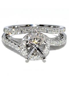 0.9ct Bridal Set Semi Mount Fits .8ct Solitaire Princess Cut 5mm Stone, 2pc Set 14K White Gold Halo