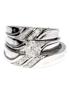 His and her Trio Rings Set 0.33ct Princess cut and Round Diamonds 10K White Gold