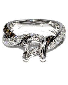 Cognac and White Diamond Semi Mount Engagement Ring 14K White Gold 2.2ct Fits 1ct Solitaire Princess Cut