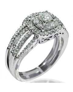 Princess Cut Bridal Ring Set Vintage Halo Set 0.27ct Solitaire 0.89ctw Diamond Ring Split Shoulder