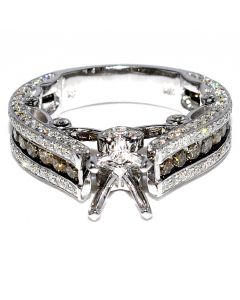 Cognac and White Diamond Semi Mount Ring 2.12ct 14K White Gold Fits 0.5ct Princess Cut Solitaire