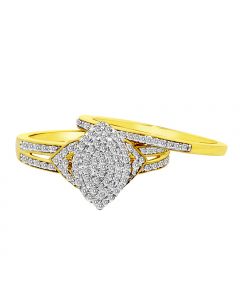 Bridal Rings Set 10K Gold Marquise Style Pave Set Top 0.35ctw Diamonds 11.5mm Wide 2pc Set