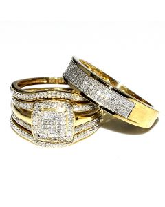 Trio Wedding Rings Set Bridal Set 3 Piece And Mens Wide Wedding Band 0.78ct w 10K Yellow Gold