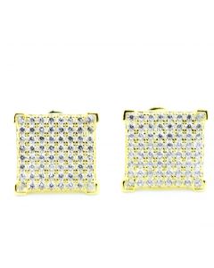 Princess cut Style Pave Set Stud Earrings Yellow Gold Plated Screw Back Silver 11mm Wide