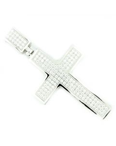 Sterling Silver Cross With CZ Charm Pendant 53mm Tall Pave Set Cubic Zarcon