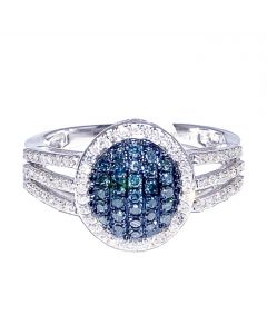 Blue and White Diamond Fashon Anniversary Ring 0.5ct 10K White Gold 12mm Wide Domed Ring