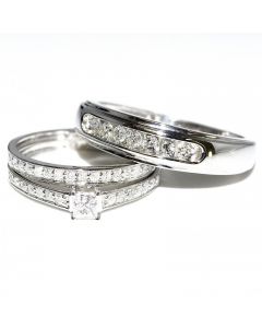 1ct Trio Rings Set His and Her Rings Princess Cut Solitaire 10K White gold