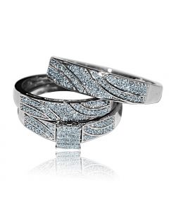 Trio Rings Set White Gold 0.4ct Diamonds Princess Cut Style Pave Top 