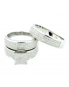 His and Her Rings Set Sterling Silver And CZ Princess Cut Style Top Pave Set