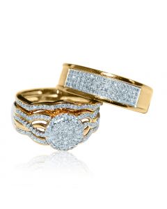 His And Her Rings Set Trio Wedding Set 0.7ct Diamond 10K Yellow Gold Halo Style Wide Rings