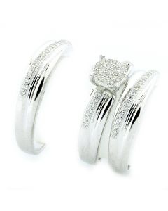 His And Her Rings Set Silver With CZ Pave Set 15mm Wide 3pc Set
