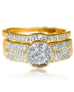 0.44ct Bridal Rings Set 10K Gold Halo Engagement Wedding Band 9.6mm Wide