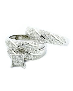 Sterling Silver Trio Wedding Rings Set His and Her Rings 3pc