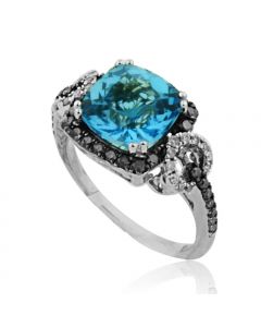 3.5ct w Blue and White Diamond Ring 10K White Gold 3ct Center Blue Topaz