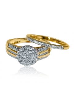 0.75ct Diamond Bridal Wedding Rings Set 10K Yellow Gold 9mm Wide Halo