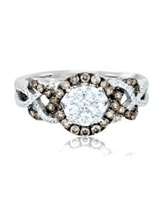 Cognac And White Diamond Bridal Wedding Ring 0.83ct 14K White Gold 10mm Wide Vintage