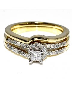 Certified Bridal Rings Set 14K Yellow Gold Princess Cut Diamond Center 0.5ct w SI E/F