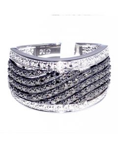 Wide Band Ring Black Diamonds White Diamonds Domed 0.2ct Sterling Silver 12mm