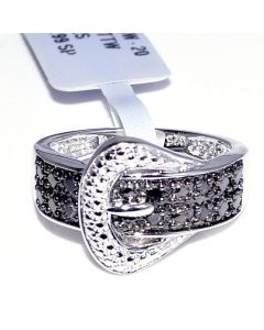 Belt Buckle Ring With Black Diamonds 0.11ct Pave Set 13mm Wide Band Cocktail Ring