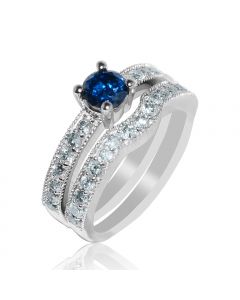 1.47ct w Diamond Bridal Rings Set 0.5ct Blue Diamond Center 10K White Gold