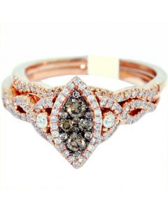 Rose Gold Brown and White diamond Bridal Set 14K 0.5ct 13mm wide Engagement Ring and Wedding Band Marquise Shaped