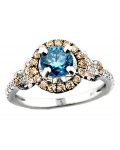 1.2ctw Diamond Ring Blue Diamond Center and Cognac and White Sides 14K White Gold (i2/i3, I/j)