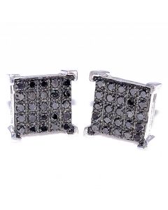 Large Black Diamond Earrings 1.39ct Sterling Silver 11.5mm Wide Screw Back Square Shaped
