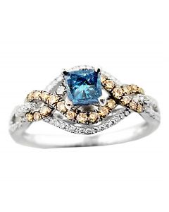 1.1ctw Princess Cut Blue Diamond and Cognac and White Side Diamond Engagement Ring 14K White Gold