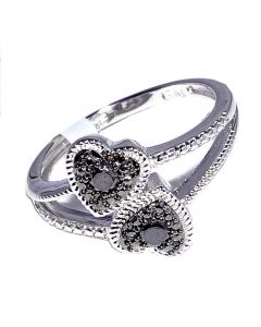 Diamond Heart with Black Diamonds split shoulder twin hearts 0.11ctw Sterling Silver